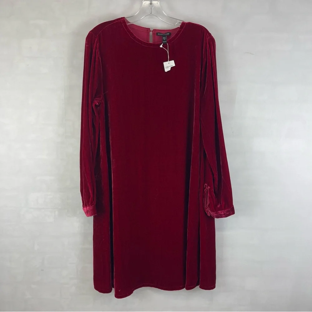 Eileen Fisher Velvet Shift Dress‎ Red Long Sleeve Keyhole Back Silk XXS NEW